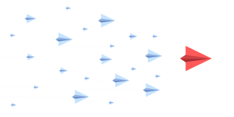 Red and blue paper planes on a white background, flat graphic style, concept of leadership or uniqueness. 3D Rendering