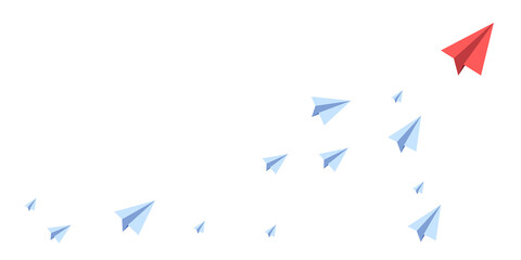 Red paper airplane leading a group of blue paper planes on a white background, concept of leadership and uniqueness. 3D Rendering