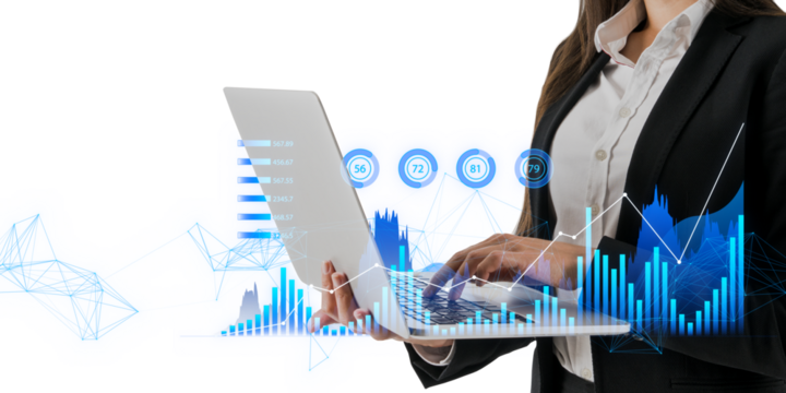 A professional woman interacting with futuristic holographic graphs, on an isolated white background, concept of data analysis