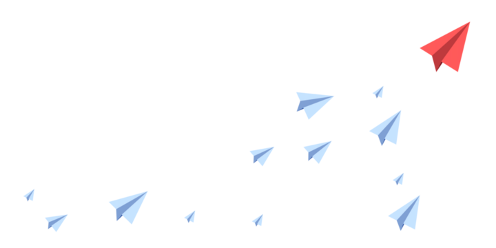 Red paper airplane leading a group of blue paper planes on a white background, concept of leadership and uniqueness. 3D Rendering
