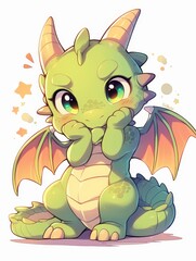 Adorable Green Dragon with Big Eyes and Orange Wings