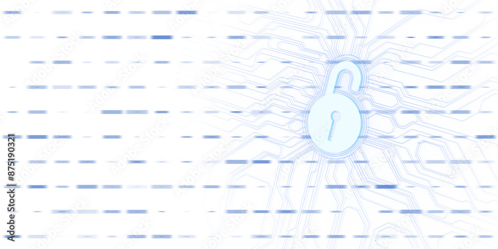 Poster abstract digital padlock on circuit background, symbolizing cybersecurity, on a white and blue backg