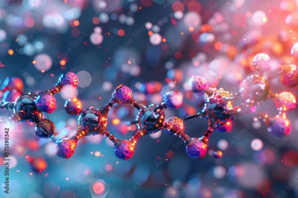 Wall mural abstract molecular structure with glowing spheres and bokeh background