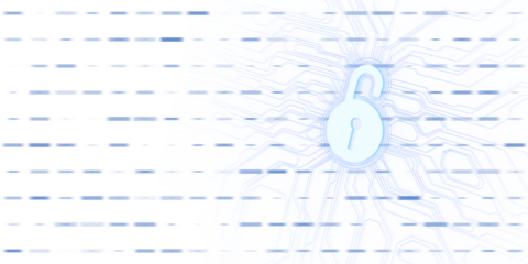 Abstract digital padlock on circuit background, symbolizing cybersecurity, on a white and blue background. 3D Rendering