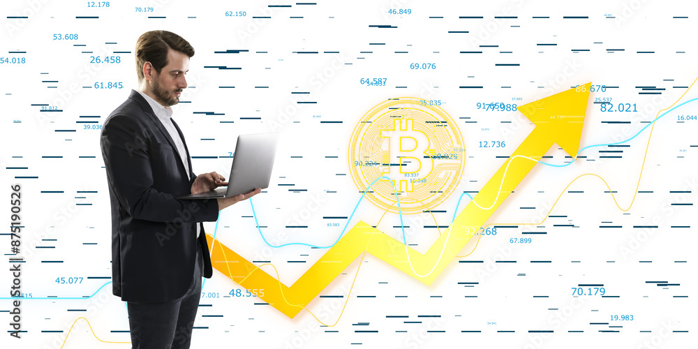 Poster a businessman using a laptop with bitcoin and stock market graphics in the background, concept of cr