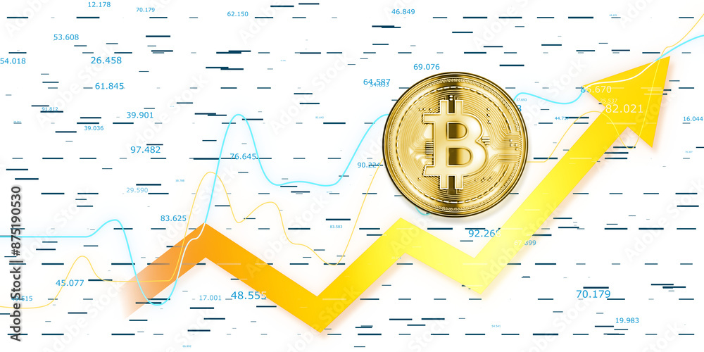 Aufkleber A Bitcoin with rising graphs and financial data indicates growth on a light background, concept of cryptocurrency investment. 3D Rendering