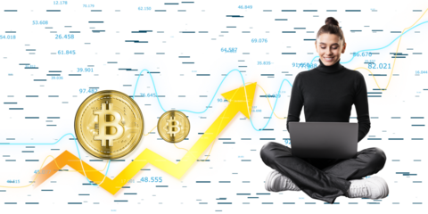 Smiling woman with a laptop, Bitcoin graphics and financial data in the background, concept of cryptocurrency trading