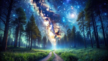 Naklejka premium Enchanted forest pathway under a starry night sky with a bright galaxy shining overhead , Forest, stars, magic, starry, trail