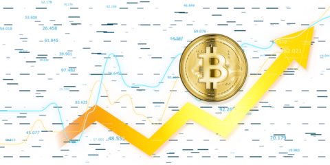 A Bitcoin with rising graphs and financial data indicates growth on a light background, concept of cryptocurrency investment. 3D Rendering