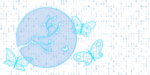 Digital artwork of butterflies with circuit patterns, superimposed on a binary code background, representing the concept of digital nature. 3D Rendering