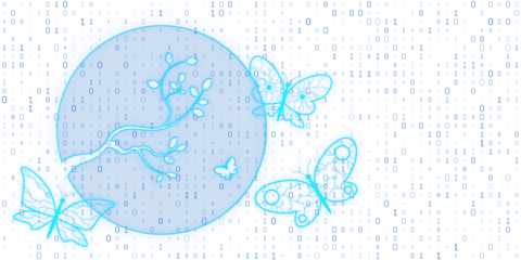 Digital artwork of butterflies with circuit patterns, superimposed on a binary code background, representing the concept of digital nature. 3D Rendering