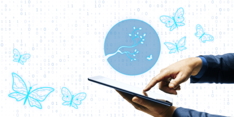 A digital artwork showcasing a hand interacting with an abstract butterfly graphic on a binary code background, symbolizing technology and life