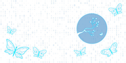 Butterflies with circuit patterns, superimposed on a binary code background, representing the concept of digital nature. 3D Rendering
