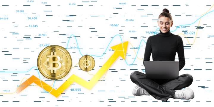 Smiling woman with a laptop, Bitcoin graphics and financial data in the background, concept of cryptocurrency trading