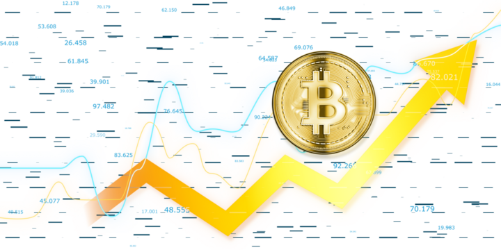 A Bitcoin with rising graphs and financial data indicates growth on a light background, concept of cryptocurrency investment. 3D Rendering