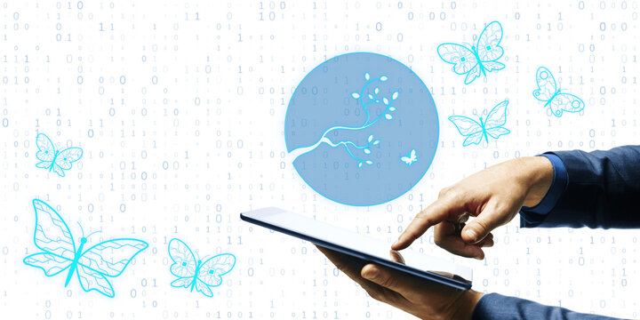 A digital artwork showcasing a hand interacting with an abstract butterfly graphic on a binary code background, symbolizing technology and life