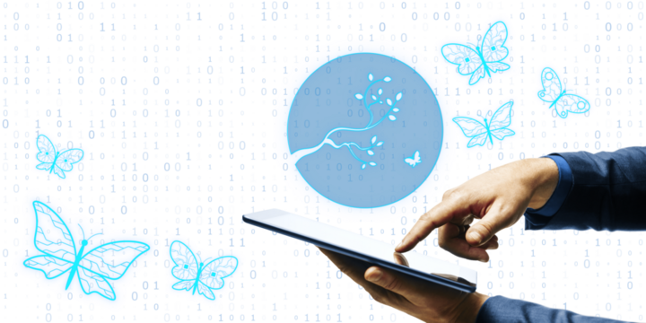 A digital artwork showcasing a hand interacting with an abstract butterfly graphic on a binary code background, symbolizing technology and life