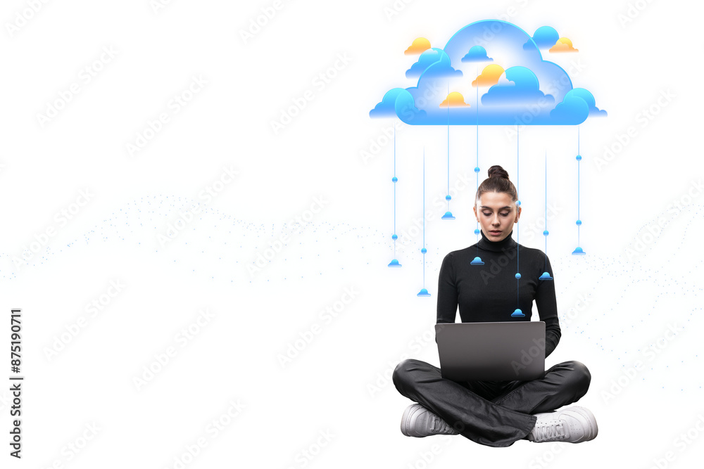 Poster a woman sitting cross-legged using a laptop with graphical cloud and network illustrations on a whit