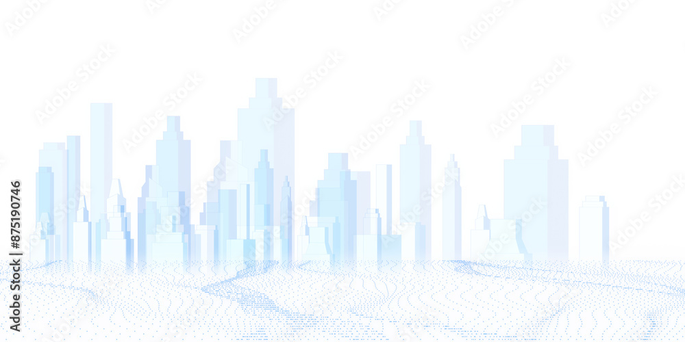 Poster abstract city skyline with dot wave pattern on a white background, in shades of blue, illustrating m