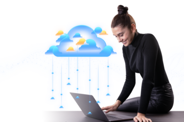 A woman interacts with a laptop, concept cloud graphics hover above, on a white background, illustrating data connectivity
