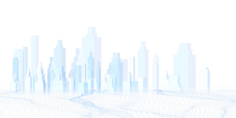 Fototapeta premium Abstract city skyline with dot wave pattern on a white background, in shades of blue, illustrating modern urban layout. 3D Rendering