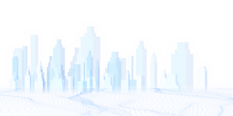Abstract city skyline with dot wave pattern on a white background, in shades of blue, illustrating modern urban layout. 3D Rendering
