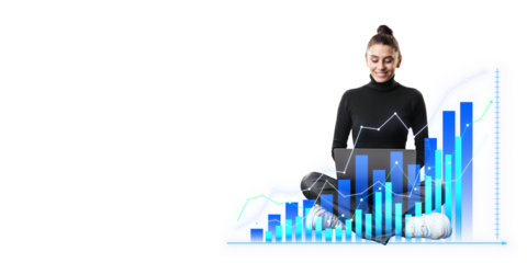 Woman with laptop sitting among graphical financial data, digital style, on a white background, concept of business analysis