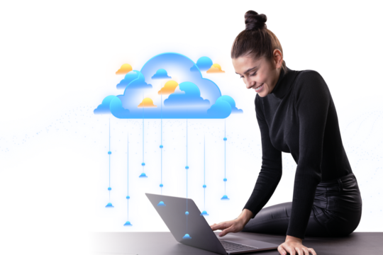 A woman interacts with a laptop, concept cloud graphics hover above, on a white background, illustrating data connectivity - Powered by Adobe