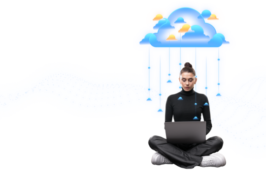 A woman sitting cross-legged using a laptop with graphical cloud and network illustrations on a white background, depicting cloud computing concept