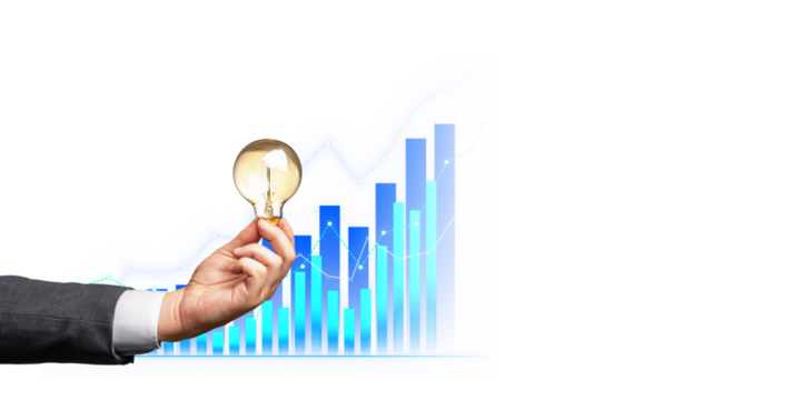 A hand holding a light bulb in front of a growth chart, concept of innovative ideas in business, white background - Powered by Adobe