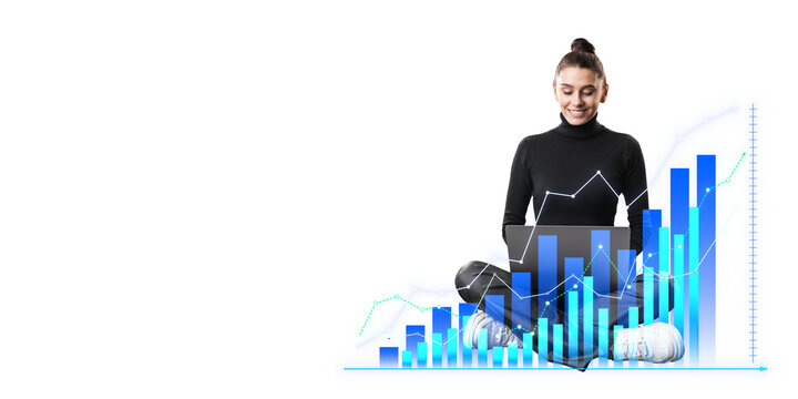 Woman with laptop sitting among graphical financial data, digital style, on a white background, concept of business analysis