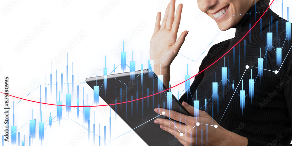 Poster a businesswoman with a digital tablet interacting with futuristic financial graphs, isolated on a wh