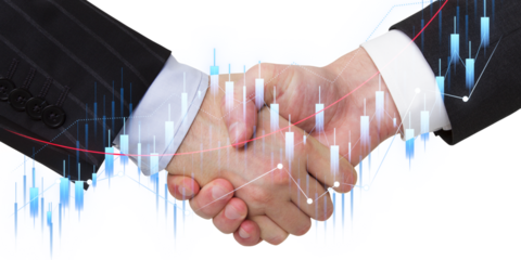 Two individuals in business attire shaking hands, with overlay graphics of financial data, on a white background symbolizing business success