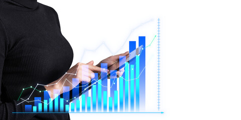 Person interacting with digital graphs and charts, photo composite on white background, concept of business growth