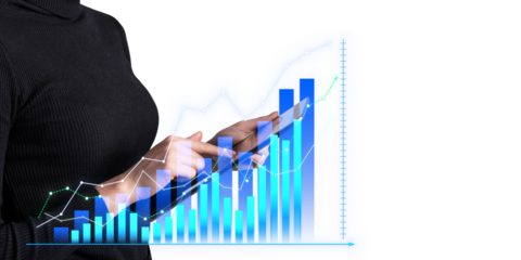 Person interacting with digital graphs and charts, photo composite on white background, concept of business growth