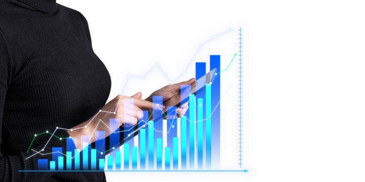 Person interacting with digital graphs and charts, photo composite on white background, concept of business growth
