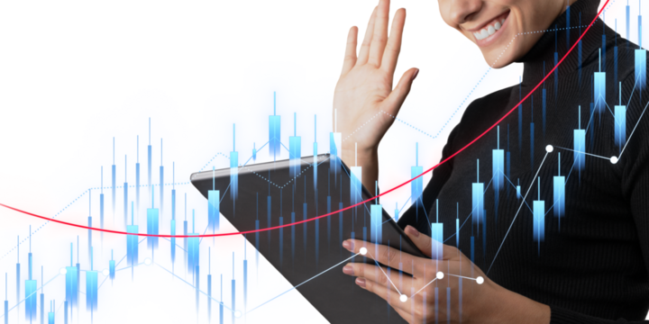 A businesswoman with a digital tablet interacting with futuristic financial graphs, isolated on a white background with digital elements