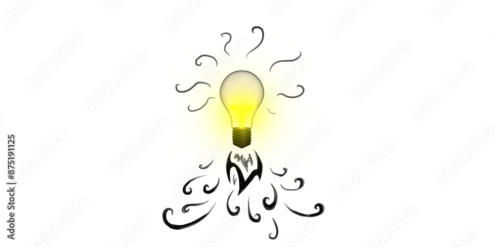 Poster an illuminated light bulb with decorative swirls on white background, symbolizing creativity and ide