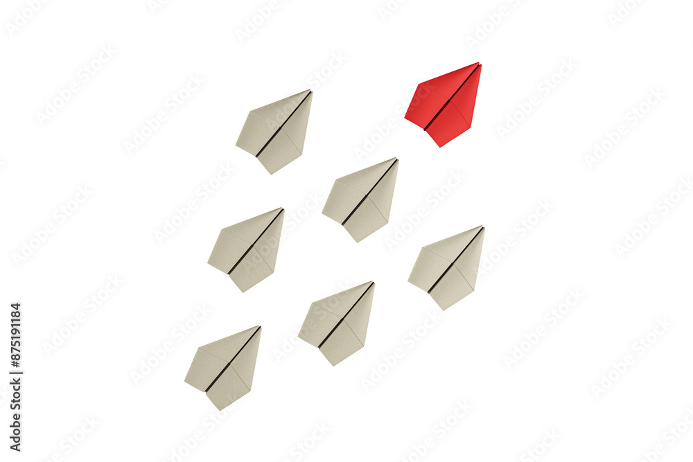 Poster multiple paper airplanes on a white background, one red among white ones, representing the concept o
