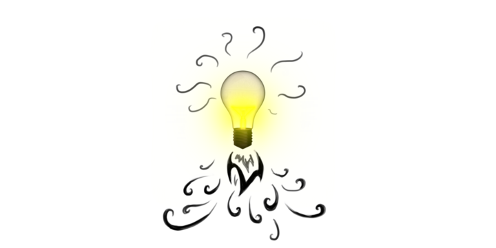 An illuminated light bulb with decorative swirls on white background, symbolizing creativity and ideas
