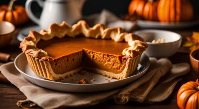 A pie with a slice missing is on a plate. The pumpkin pie is orange and has a crust. thanksgiving