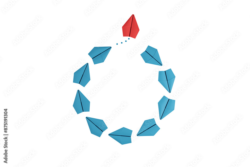 Poster blue paper planes forming a circular pattern around a red paper plane, on a white background, depict