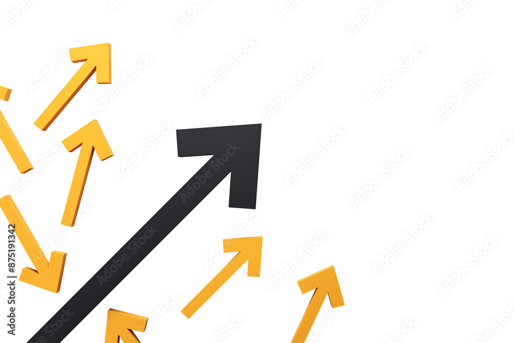 Poster multiple yellow arrows pointing upwards, with one large black arrow leading, on a white background d