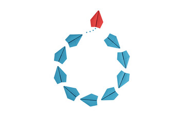 Blue paper planes forming a circular pattern around a red paper plane, on a white background, depicting concept of leadership or uniqueness. 3D Rendering