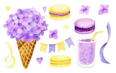 Watercolor summer party set with flowers ice-cream cone, macaroons, lavender milkshake, ribbos and flags illustrations