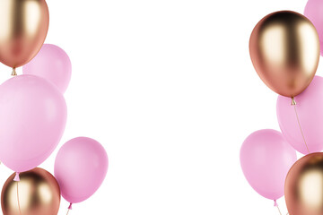 A cluster of pink and golden balloons on a white background, symbolizing celebration or a birthday event. 3D Rendering