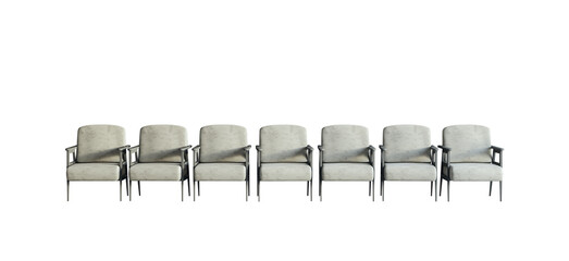 A row of modern grey armchairs on a clean white background, representing a concept of minimalist...