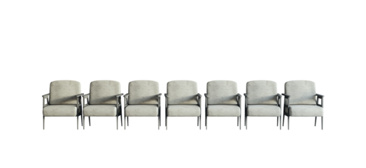 A row of modern grey armchairs on a clean white background, representing a concept of minimalist furniture design. 3D Rendering