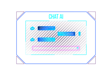 A digital chat interface concept with messages and bot icons on a striped background, representing artificial intelligence. 3D Rendering