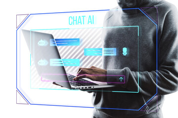 Person using a laptop with graphical chat AI interface overlay, on a white background, concept of artificial intelligence communication